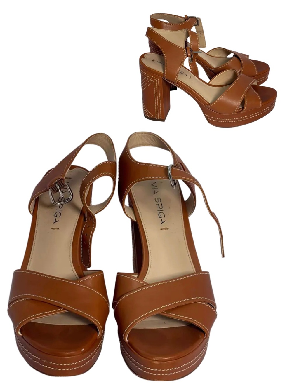 VIA SPIGA | Tan Platform Open-Toe Block Heels | Size 7.5